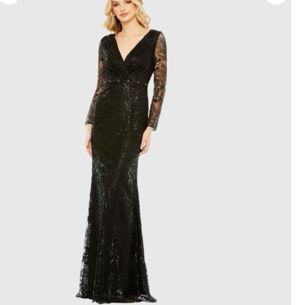 Mac Duggal Black Sequin Embellished Full Length Long Sleeve Gown 4